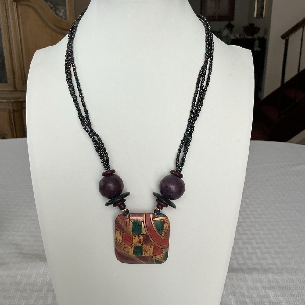 Wood Multicolored Bohemian Style Pendant Necklace